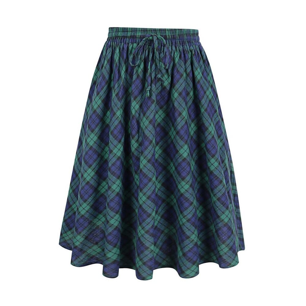 8782 Plus Size Skirts Midi Length Black & Green Plaid Pattern Swing Flare